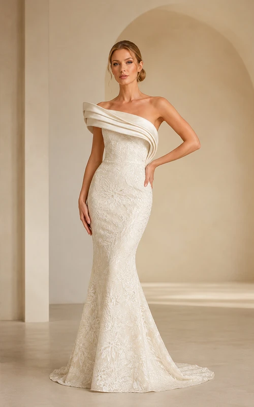 Vestido de novia de encaje estilo sirena con hombros descubiertos y cola larga.