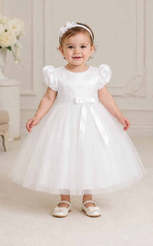 Vestido de bautizo para bebé, estilo modesto, corte en A, mangas abullonadas, tul, encaje, largo hasta la rodilla, con fajín de lazo, color blanco.