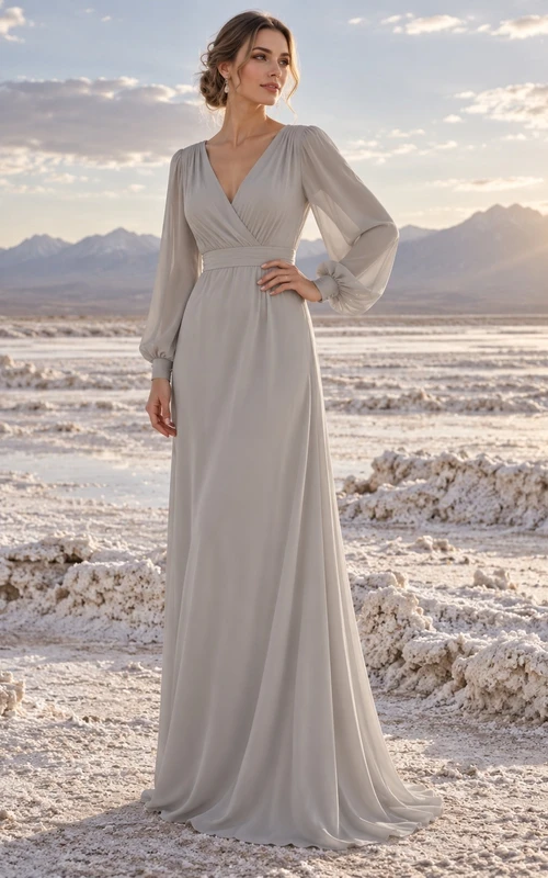 Sencillo vestido de novia plateado de manga larga con escote en V cruzado y cintura fruncida.
