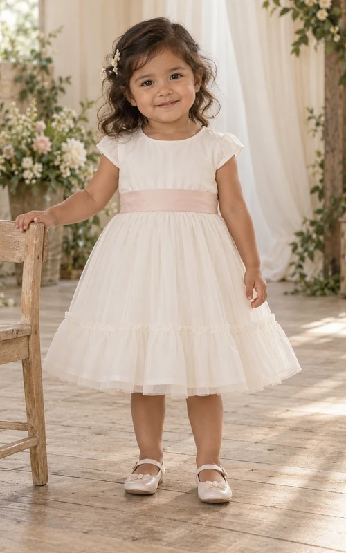 Simple Modest Ivory Knee Length Narrow Blush Band Cap Sleeve Tiered Flower Girl Dress