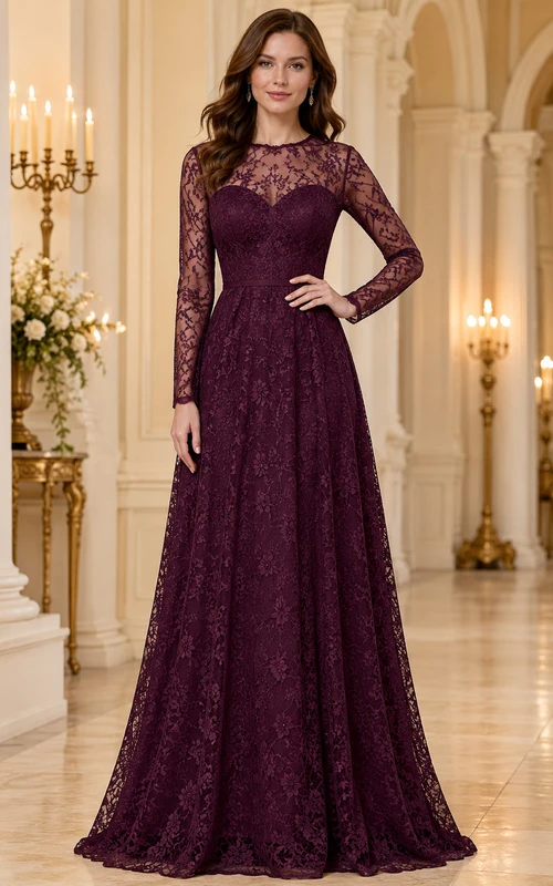 Plum Lace Illusion Long Sleeve A Line Formal Gown