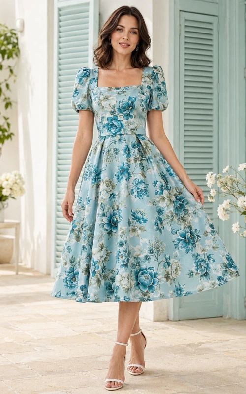 Sky Blue Floral Square Neck Puff Sleeve Satin A-Line Tea-Length Dress