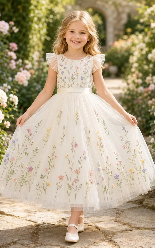 Romantisches Gartenkleid mit Blumenstickerei, Tüll, Teelänge und Blütenblattärmeln für Blumenmädchen – ideal für draußen