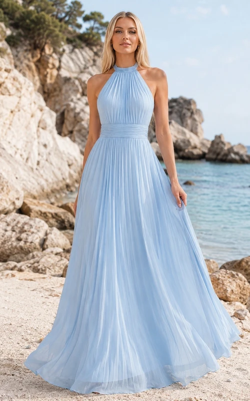 Vestido formal largo hasta el suelo, de gasa, corte A, sin mangas, estilo bohemio, azul cielo, con escote halter y estilo bohemio.
