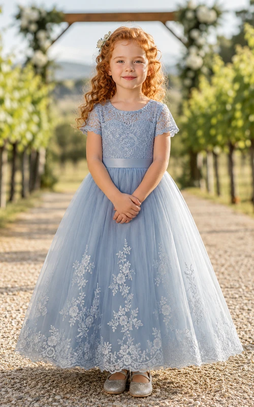 Klassisches Blumenmädchenkleid aus Spitze und Tüll