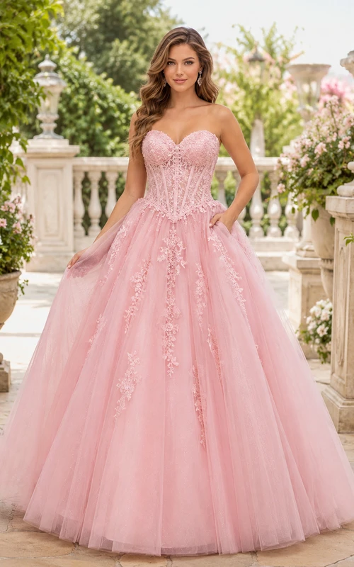 Vestido de quinceañera estilo princesa, sin tirantes, con escote corazón y encaje floral, color rosa empolvado, sin tirantes y con bolsillo oculto.