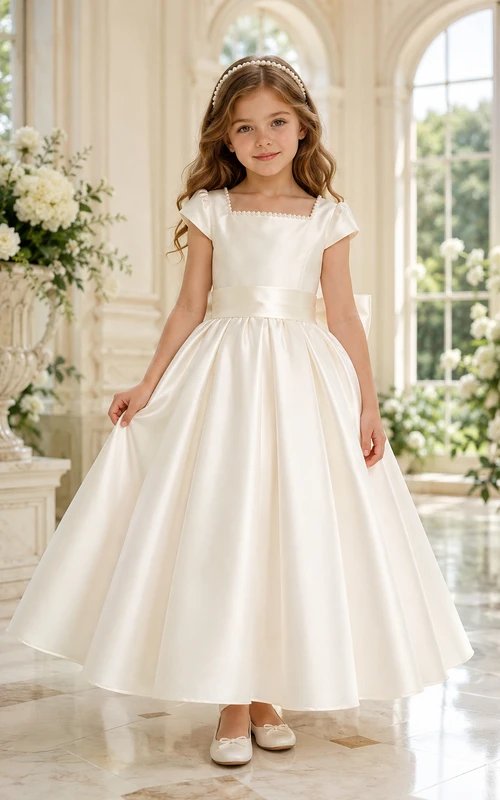 Blumenmädchenkleid aus elfenbeinfarbenem Satin, A-Linie, Rundhalsausschnitt, Teelänge, Schleifendetail