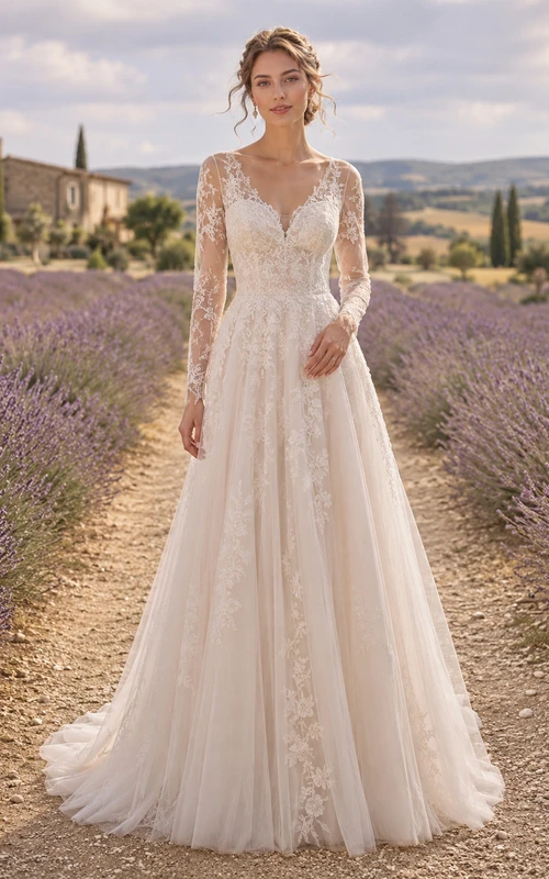 Lace Wedding Dress A-Line Sweetheart Long Sleeve Sweep Train Low V Back Bridal Gown