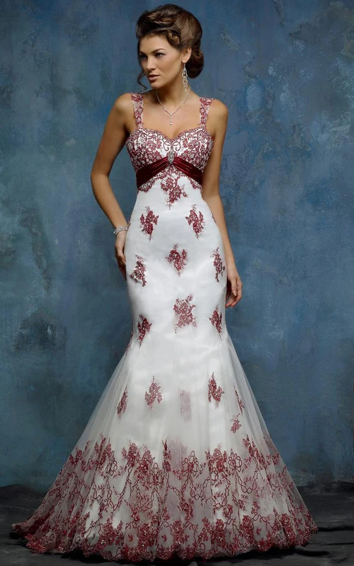 Vestido de novia largo hasta el suelo, estilo sirena, sin mangas, de tul y satén, con apliques, broche y cremallera en la espalda.