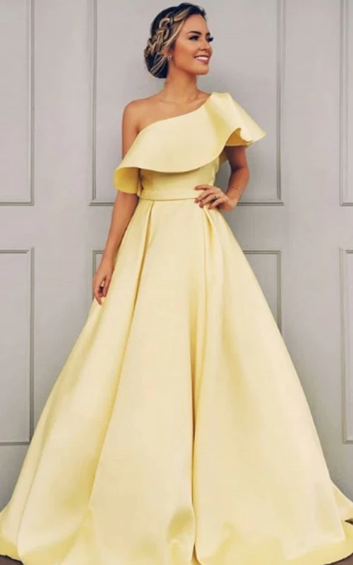 Robe de soirée moderne sans manches, longue en satin, coupe trapèze, traîne balayée et volants