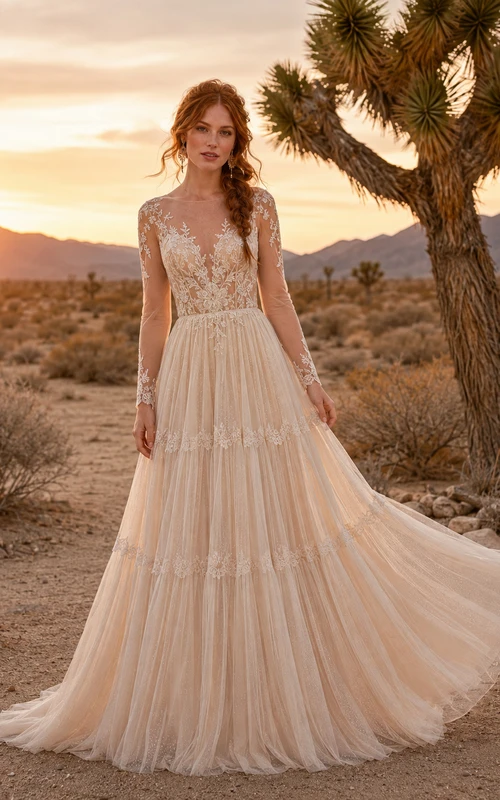 Champagne Boho Lace Bodice Tiered Tulle Desert Bridal Gown