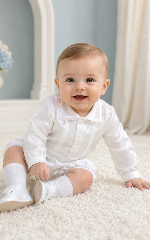 White Lace Bib Long Sleeve Infant Christening Bubble Romper for Baby Boy