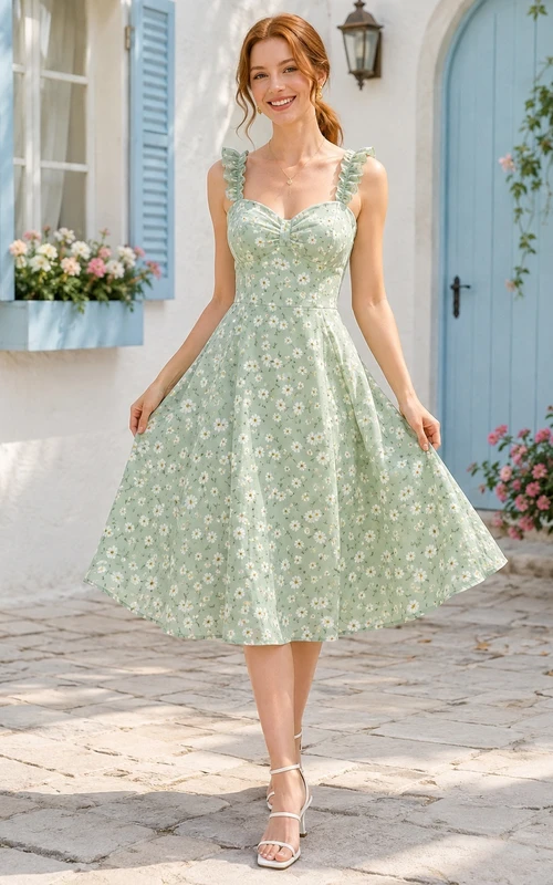 Vestido de fiesta romántico sin mangas, de corte A y largo hasta la rodilla, con estampado floral menta y escote corazón.
