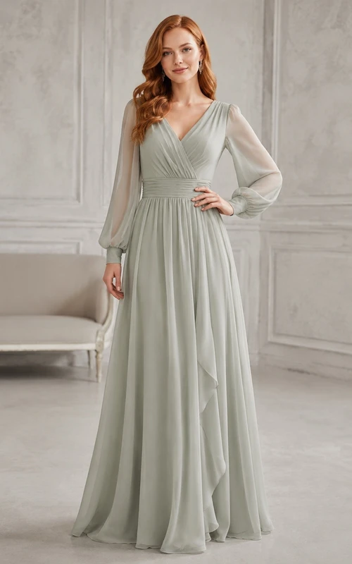 Sage V-Neck Long Sleeve Chiffon A-Line Deep-V Back Floor-Length Dress