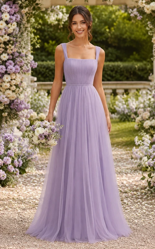 Lavender Square Neck A-Line Tulle Bridesmaid Dress