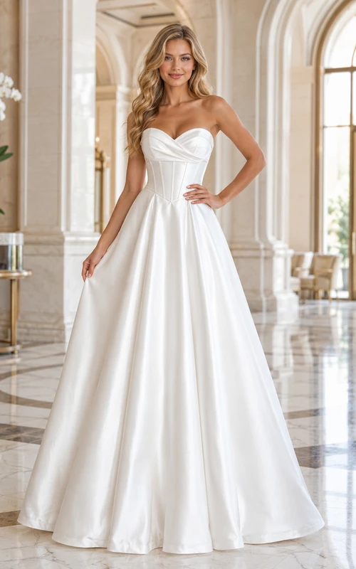 Robe de bal blanche de luxe sans bretelles en satin à décolleté cœur, idéale pour une cérémonie civile.