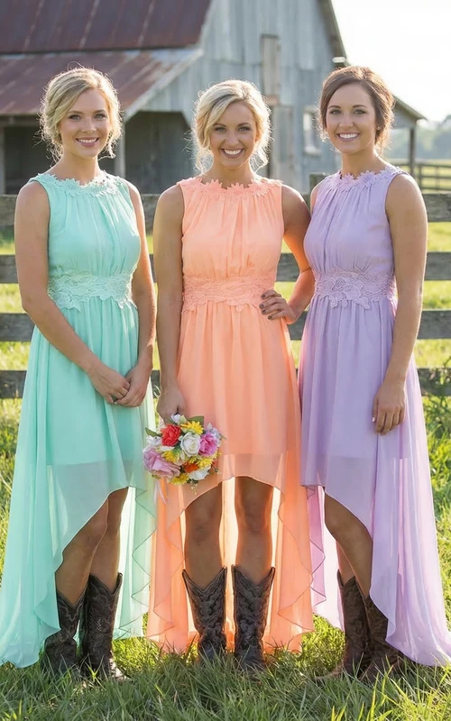 Chiffon-Abendkleid mit asymmetrischem Saum und offenem Rücken, hochgeschlossen
