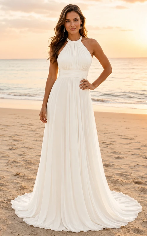 Bohemian High Neck Halter Chiffon A-Line Open Back Beach Wedding Dress