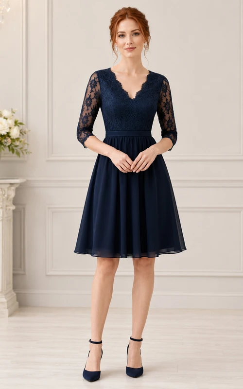 Robe de soirée bleu marine en mousseline de soie à col en V et manches trois-quarts en dentelle, longueur genou, col en V et col en V, manches trois-quarts.