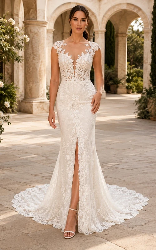 Vestido de novia de encaje con escote ilusión floral y abertura, estilo sirena.