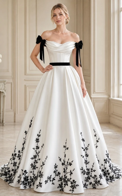 Schwarzes, schulterfreies, ärmelloses Brautkleid aus Satin in A-Linie mit floralen Applikationen und bodenlanger Silhouette