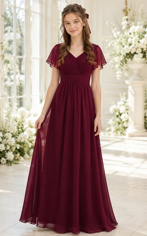 Robe de demoiselle d'honneur junior bordeaux, coupe trapèze, col en V, manches courtes froncées, style romantique