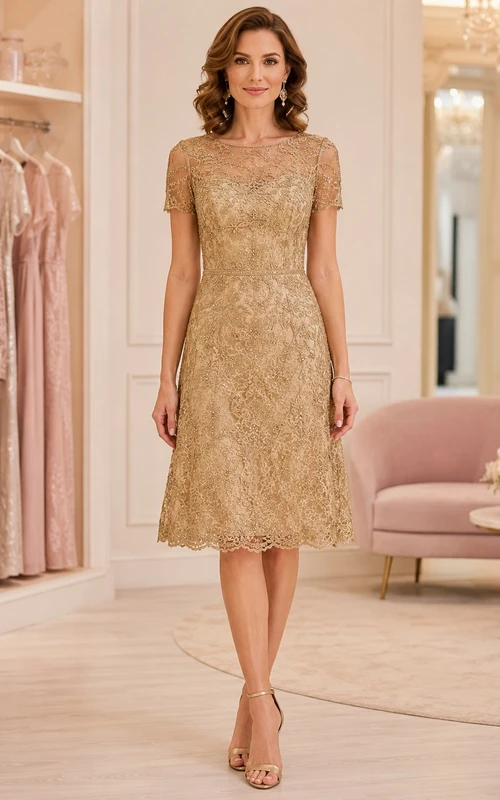 Robe vintage dorée à col bijou, manches courtes, longueur thé, coupe trapèze, en dentelle
