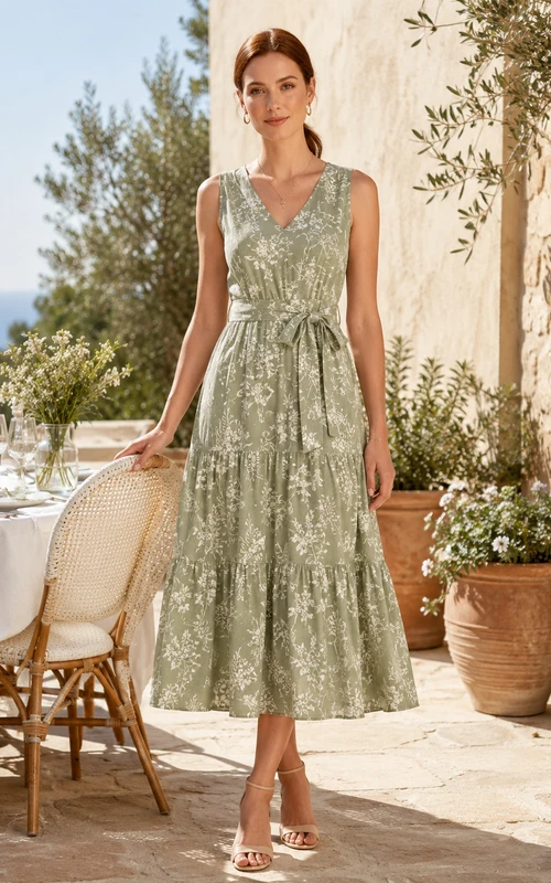 Sage Floral V Neck Tie Waist Tiered Midi Dress