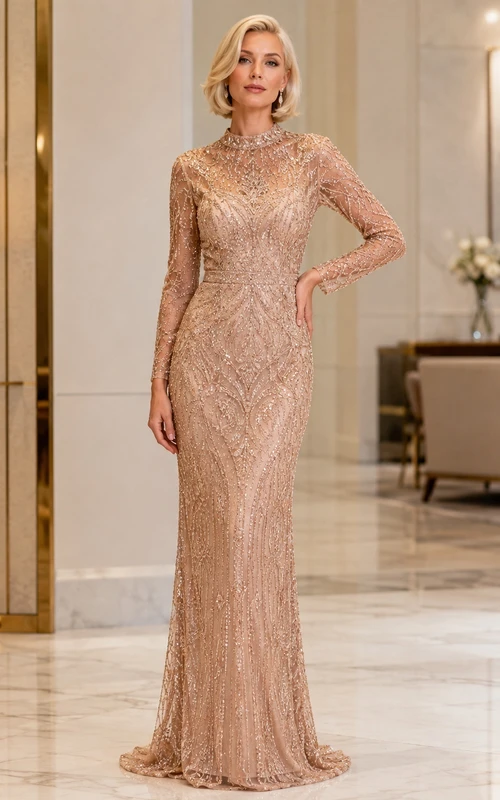 Champagne High Neck Long Sleeve Beaded Sheath Sweep Train Evening Gown