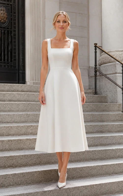 Vestido de novia midi de corte A con escote cuadrado asequible para juzgado