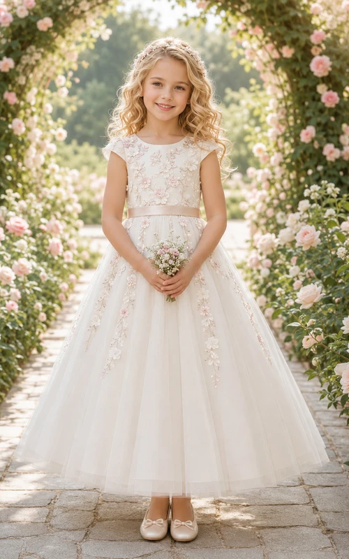 Blumenmädchenkleid Champagner Spitze Tüll A-Linie Rundhalsausschnitt Teelänge