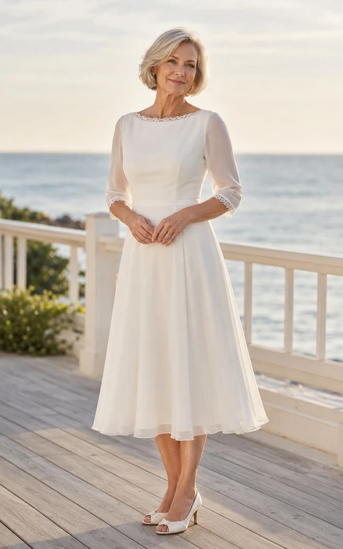 Preiswertes, schlichtes, lässiges Brautkleid mit U-Boot-Ausschnitt, Dreiviertelärmeln, A-Linie und Teelänge