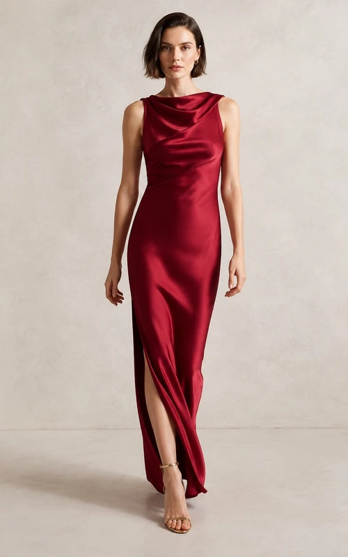 Robe fourreau sans manches en satin bordeaux moderne à col bénitier et fente jusqu'au sol