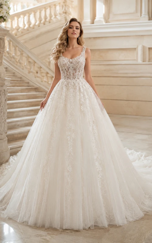 Robe de bal en dentelle immaculée et tulle, bretelles cœur, sans manches, traîne cathédrale, applications florales, robe de mariée de salle de bal