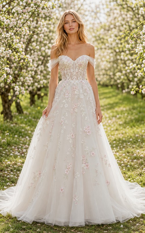 Floral Corset Off-Shoulder Spring Orchard Blossom Wedding Gown