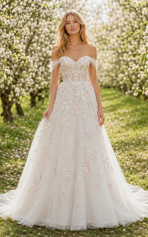 Brautkleid mit floralem Korsett und schulterfreiem Schnitt, inspiriert von Frühlingsblüten im Obstgarten-Stil