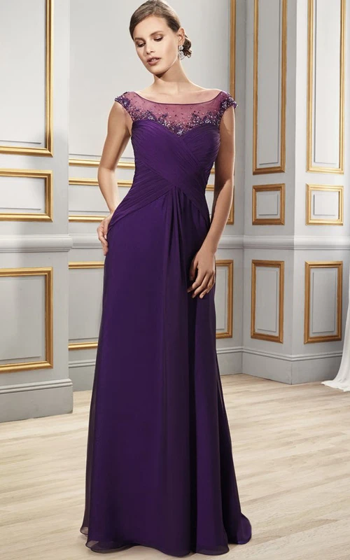 Chiffon-Abendkleid mit Rundhalsausschnitt, kurzen Ärmeln und gekreuzten Trägern