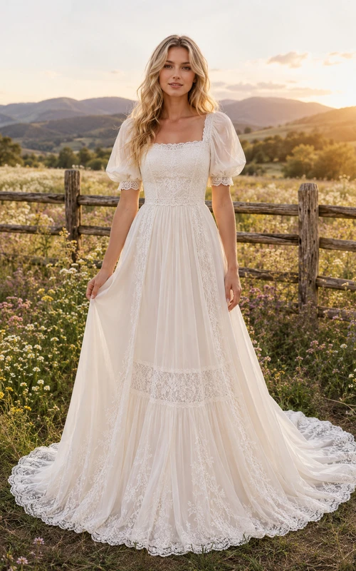 Vestido de novia bohemio de corte A con mangas abullonadas y encaje y cola larga.