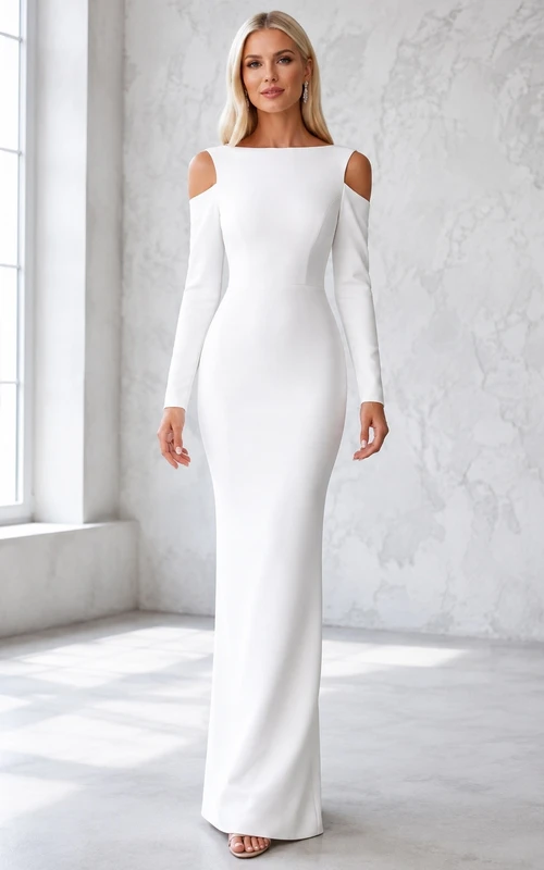Bridal Sultry Off-Shoulder Jersey Long-Sleeve Sheath Floor-Length Wedding Dress