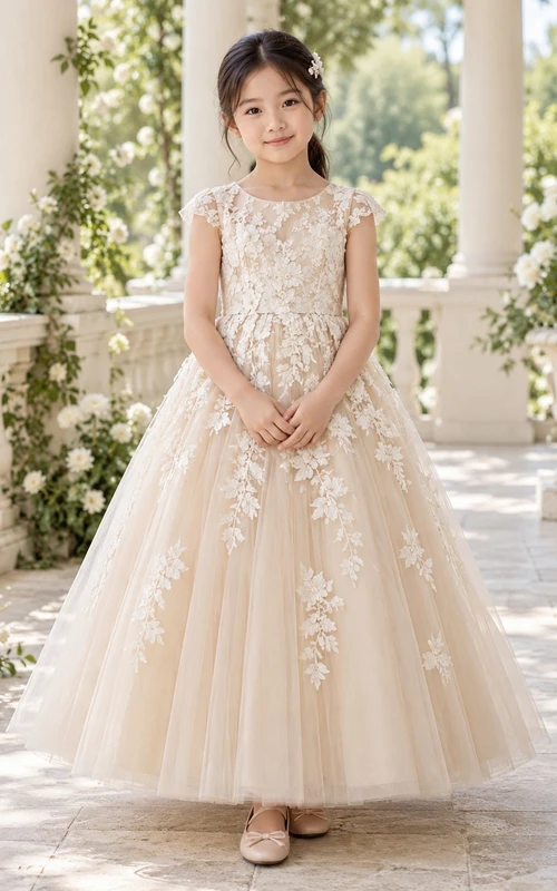 Champagne Floral A-line Tulle Cap-sleeve Ankle-length Appliqued Full-skirted Flower Girl Dress