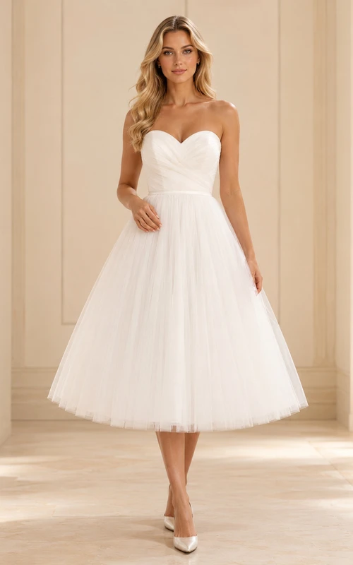 Robe de mariée vintage en tulle, coupe trapèze, longueur thé, sans bretelles, style ballerine, style civil