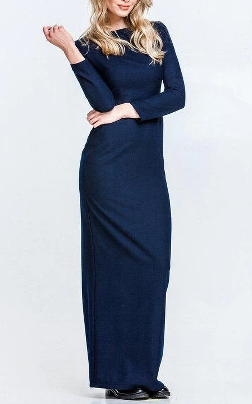 Vestido largo de jersey de manga larga estilo barcoau con abertura