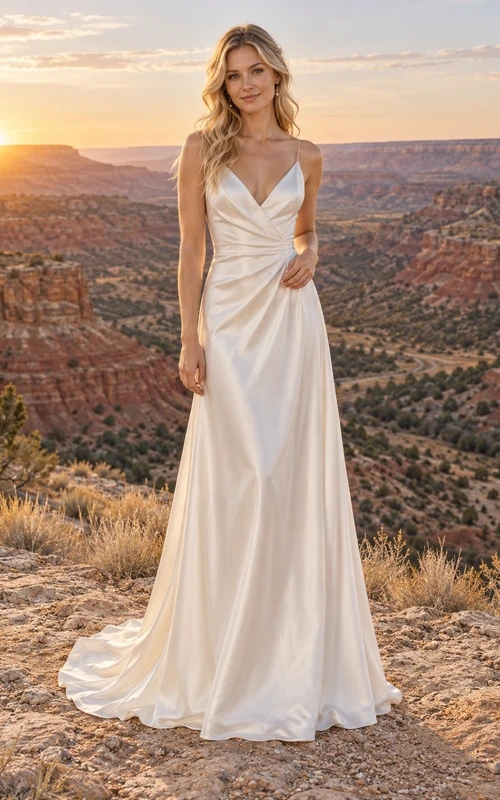 Vestido de novia sencillo de corte A, largo hasta el suelo, con corpiño cruzado, escote en V, sin mangas y drapeado en charmeuse.