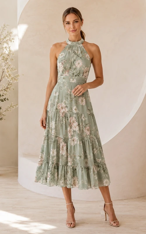 Halter Sleeveless Floral Chiffon A-Line Tea-length Bohemian Garden Dress