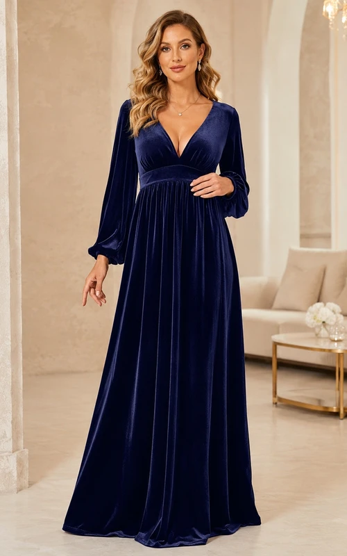 Vestido formal largo hasta el suelo de terciopelo azul marino con escote en V y manga larga estilo imperio