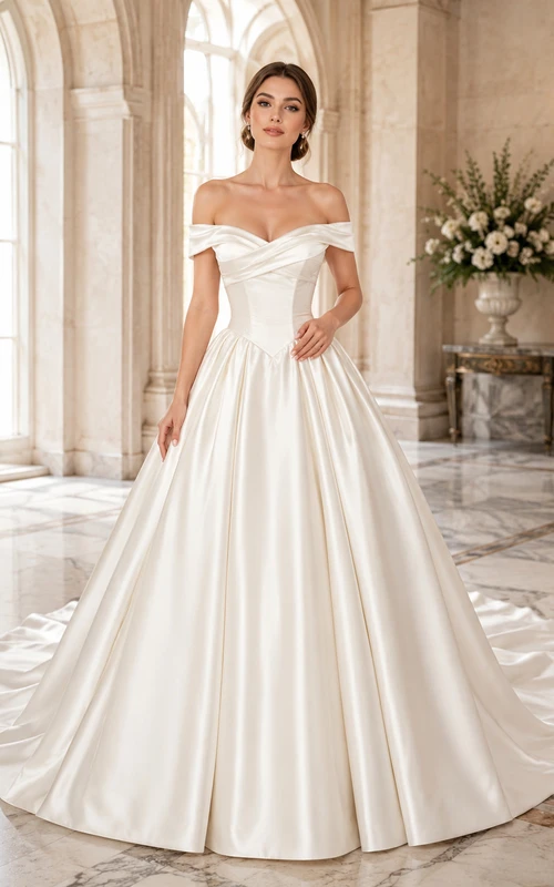 Vestido de novia de satén, estilo princesa, sin hombros, manga corta, cola de capilla.