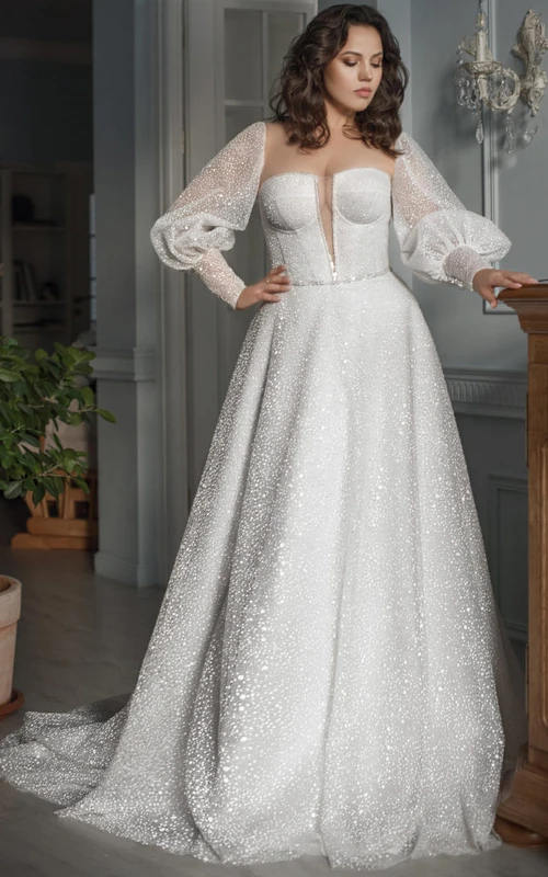 Robe de mariée grande taille à décolleté cœur, ornée de perles, coupe trapèze et manches bouffantes, style pudique.