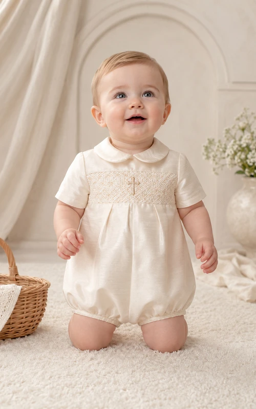 Ivory Cross Embroidered Peter Collar Christening Bubble Romper for Baby Boy