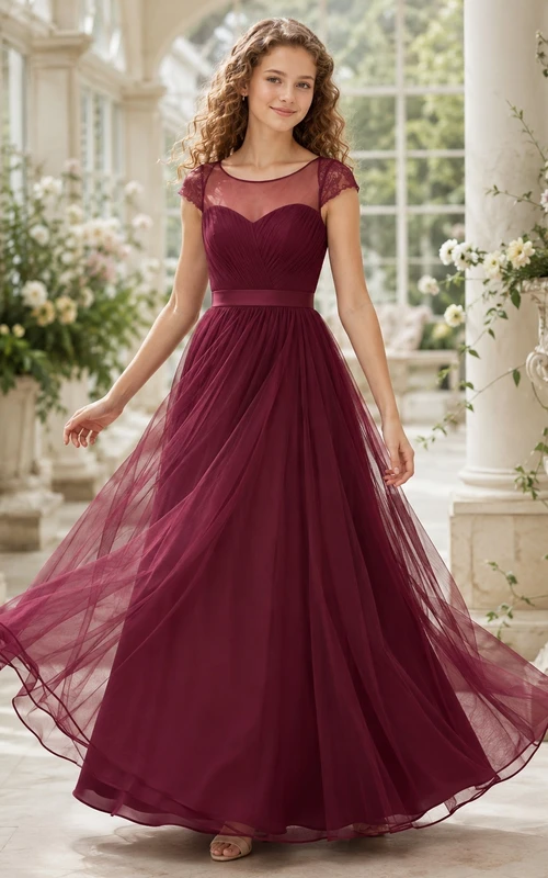 Vestido de dama de honor juvenil color burdeos, corte en A, escote corazón, manga corta, fruncido, estilo romántico.