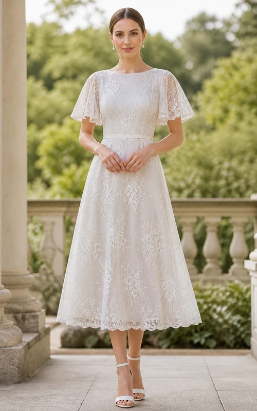 Vintage-Kleid aus Spitze, schlicht, teelang, A-Linie, mit U-Boot-Ärmeln und Volantärmeln